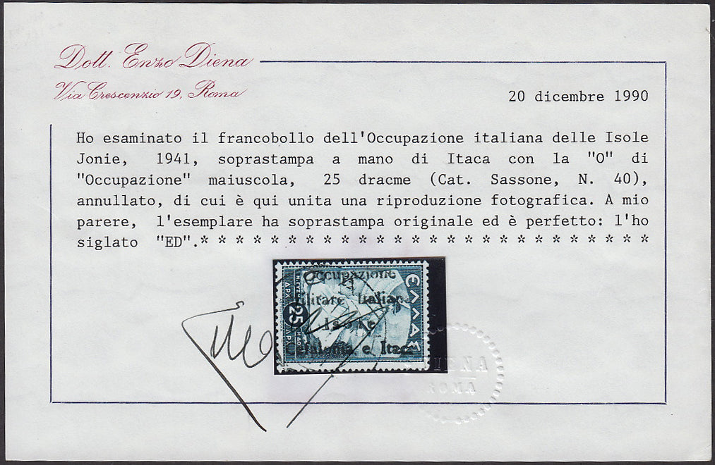 FF64 - 1941 - Mitologica di Grecia, 25 dracme azzurro con soprastampa "Occupazione / Militare Italiana / Isole /Cefalonia e Itaca" usato (40).