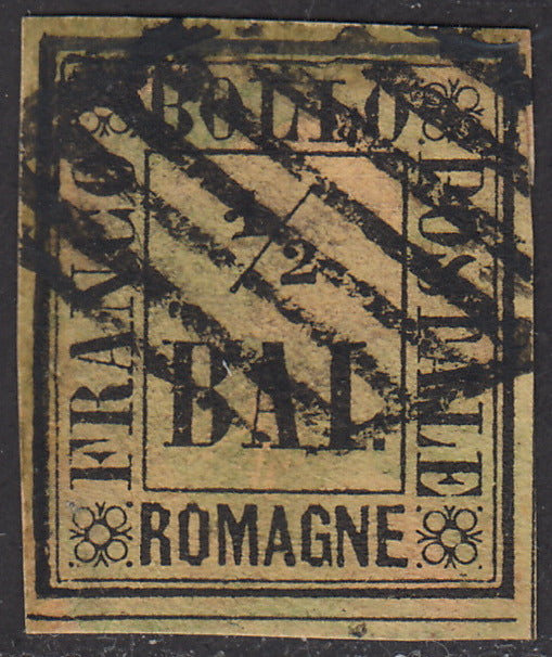 ROM33 - 1859 - Cifra in un rettangolo, 1/2 baj giallo paglia usato con annullo originale, fortemente riparato, (1).