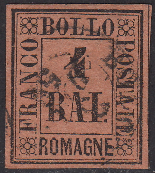 ROM27 - 1859 - Cifra in un rettangolo, 4 baj fulvo usato con annullo circolare a data (5).