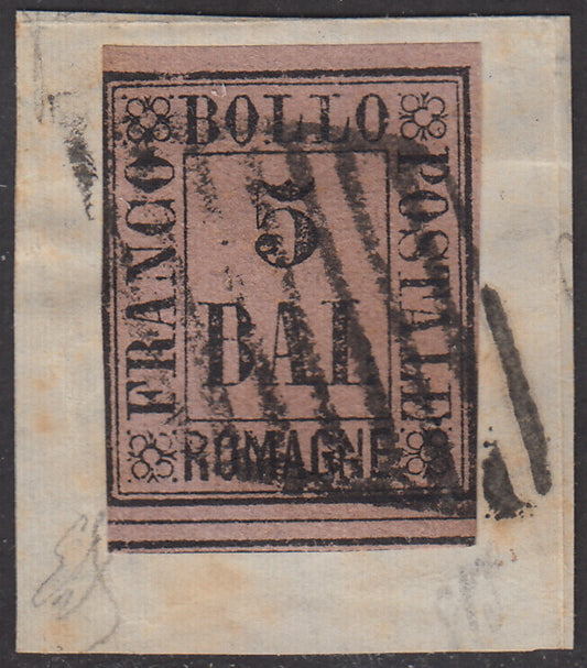 ROM30 - 1859 - Cifra in un rettangolo, 5 baj violetto usato su frammento con annullo originale (6).