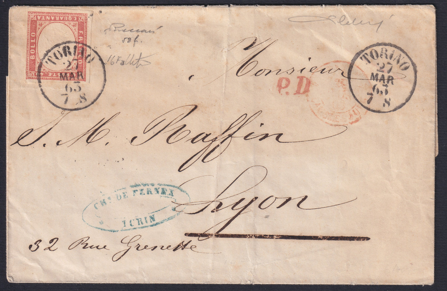 F13-104 - 1863- IV issue, letter sent from Turin to Lyon 27/3/63 franked with c. 40 dull vermilion red (16Fa)