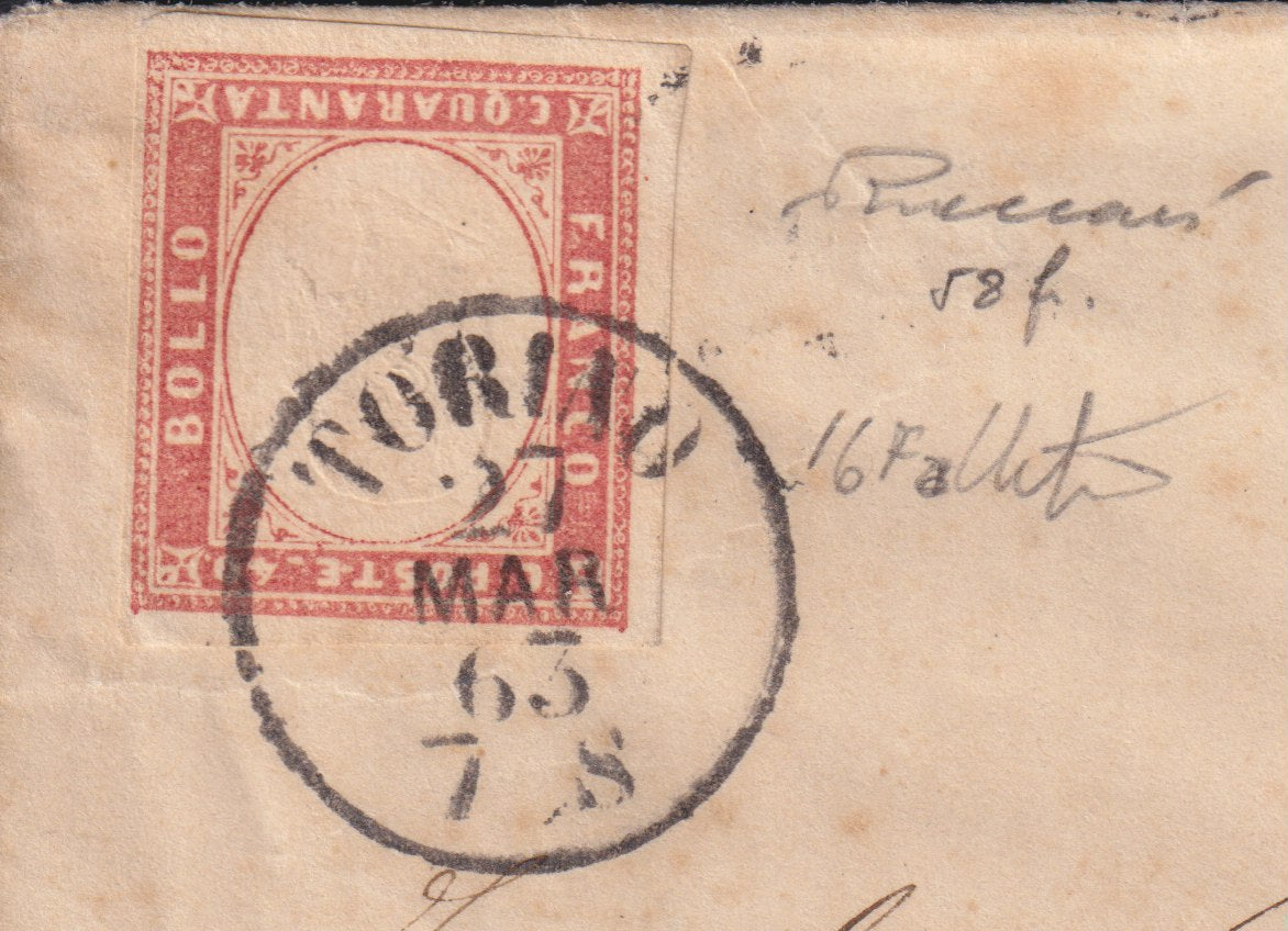 F13-104 - 1863- IV issue, letter sent from Turin to Lyon 27/3/63 franked with c. 40 dull vermilion red (16Fa)