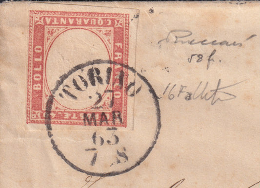 F13-104 - 1863- IV emissione, lettera spedita da Torino per Lione 27/3/63 affrancata con c. 40 rosso vermiglio smorto (16Fa)