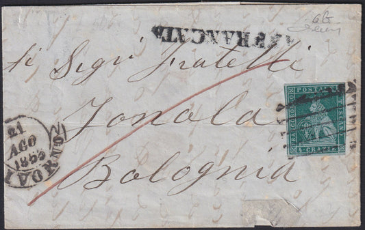 TOSCSP17 - 1854 - Letter stamped with 1cr. light carmine on gray single + pair used with Grosseto seal mute, rare! (4, points 11). 