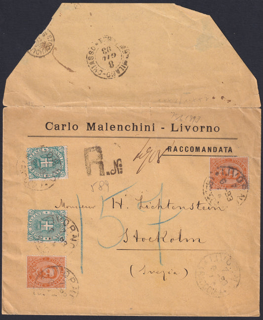 F13-141 - 1893 - Lettera spedita da Livorno per Stoccolma (Svezia) 7/6/93, affrancata con Umberto I c. 5 verde due esemplari + c. 20 arancio due esemplari (39 + 59)