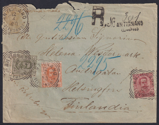 F13-143 - 1900 - Lettera spedita da Antignano per Kelsington (Finlandia) 12/4/1900, affrancata con Umberto I c. 10 carminio + c. 20 arancio + c. 45 verde oliva (60+61+63)