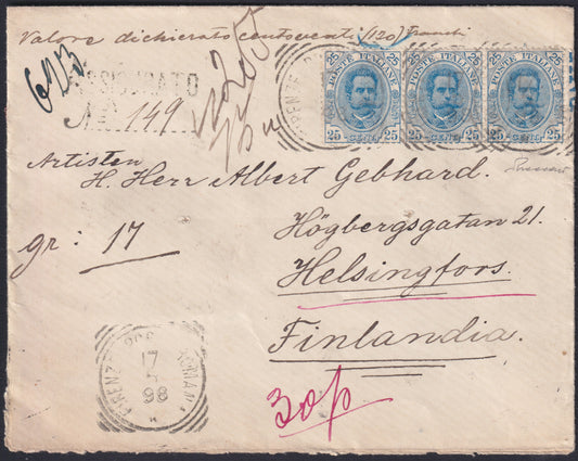 F13-144 - 1898 - Lettera spedita da Firenze per Helsingfors (Finlandia) 17/6/1898, affrancata con Umberto I c. 25 azzurro striscia orizzontale di tre esemplari (40)