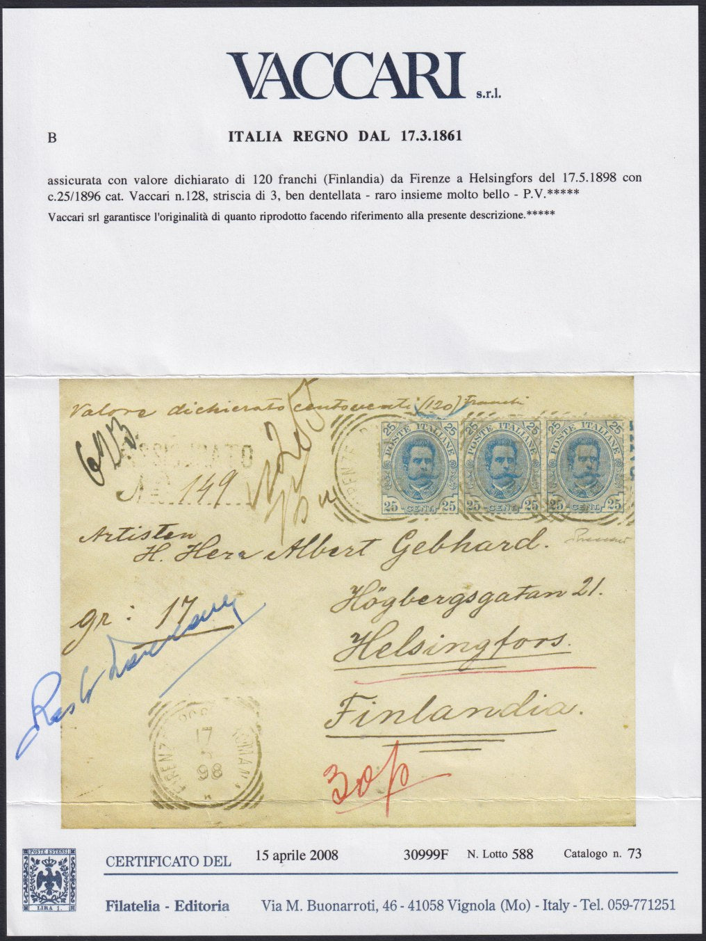 F13-144 - 1898 - Lettera spedita da Firenze per Helsingfors (Finlandia) 17/6/1898, affrancata con Umberto I c. 25 azzurro striscia orizzontale di tre esemplari (40)