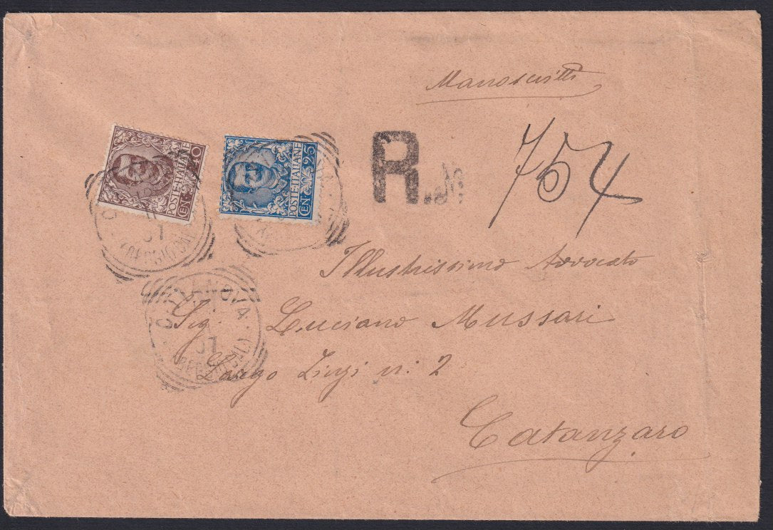 F13-146 - 1907 - Lettera spedita da Civitanova per Catanzaro 12/11/1907, affrancata con Floreale c. 25 azzurro + c. 40 bruno, raccomandata manoscritti primo porto (73 + 74)