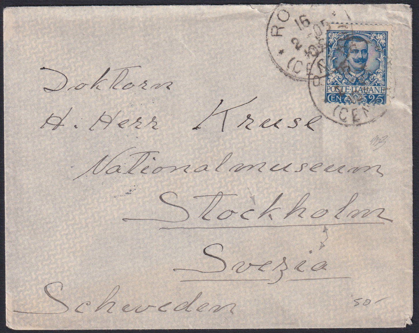 F13-148 - 1905 - Lettera spedita da Roma per Stoccolma 16/2/1905, affrancata con Floreale c. 25 azzurro (73)