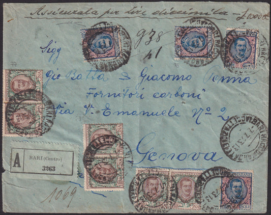 F13-150 - 1923 - Lettera assicurata a valore dichiarato per 10000 lire affrancata con Floreale 1 Lira tre coppie a fronte + tre a verso + 5 lire quattro esemplari + Leoni c . 15 grigio (77 + 78 + 108). Certificato Manzoni.