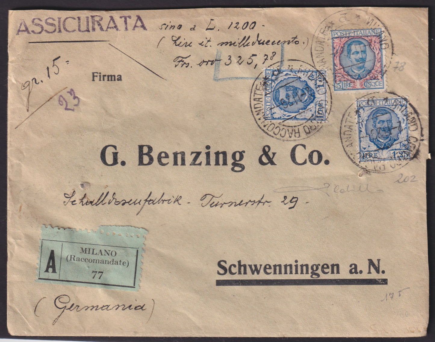 F13-152 - 1926 - Lettera assicurata a valore dichiarato per L. 1200 affrancata con L. 1,25 azzurro due esemplari + L. 5 azzurro e rosa (78 + 202).