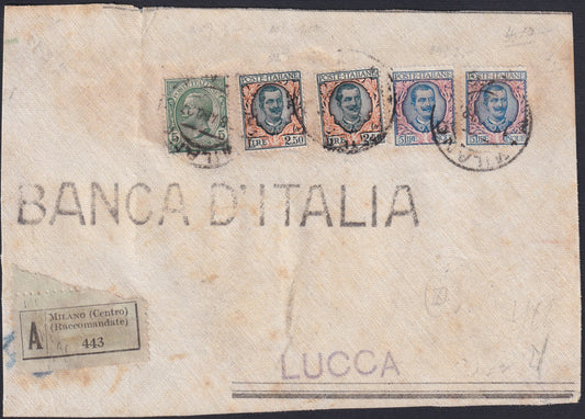 F13-153 - 1927 - Frontespizio di pacco assicurato della Banca d'Italia affrancato con Leoni c. 5 verde + Floreale L. 2,50 verde mirto e arancio due esemplari + L. 5 azzurro e rosa due esemplari (78 + 81 + 203).