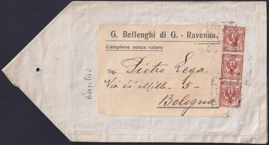 F13-155 - 1905 - Campione senza valore in sacchetto telato affrancato con Floreale c. 2 rosso bruno striscia di tre esemplari, di grande interesse. (69).