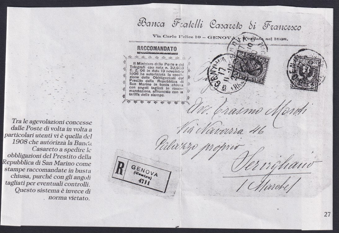 F13-156 - 1911 - Lettera raccomandata contenente le obbligazioni del prestito della Repubblica di San Marino spedita dalla Banca Cesareto di Francesco di Genova per Savigliano 21/4/11 (69 + 82)