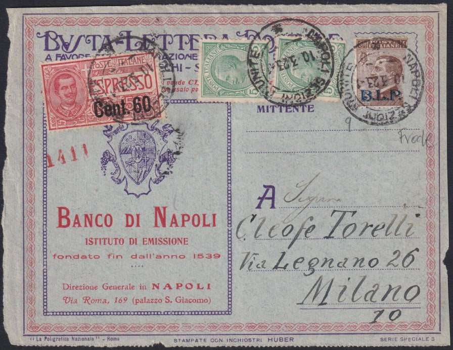 F13-157 - 1923 - Busta Lettera Postale con pubblicità del Banco di Napoli affrancata con BLP c. 40 bruno soprastampa azzurra litografica del II tipo difettoso a destra + Leoni c. 5 x 2 + Espresso c. 60 su c. 50 vermiglio (81 + Exp. 6 + BLP 9).