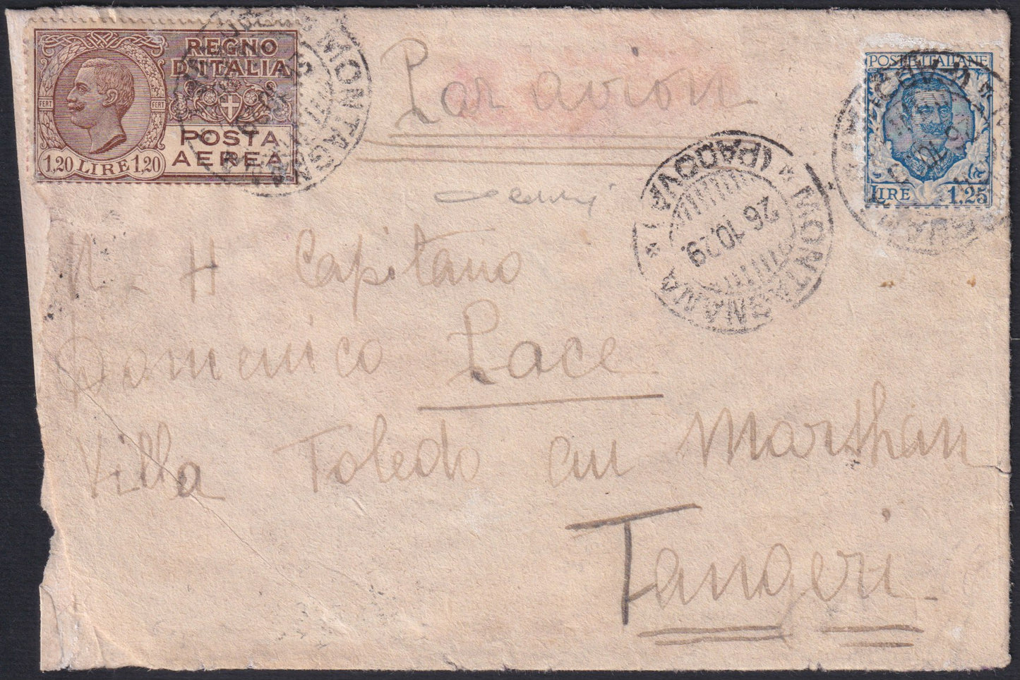 F13-158 - 1929 - Posta Aerea, lettera spedita da Montagnana per Tangeri 26/10/29 affrancata con Floreale L. 1,25 azzurro + Posta Aerea L. 1,20 bruno (202 + A5).