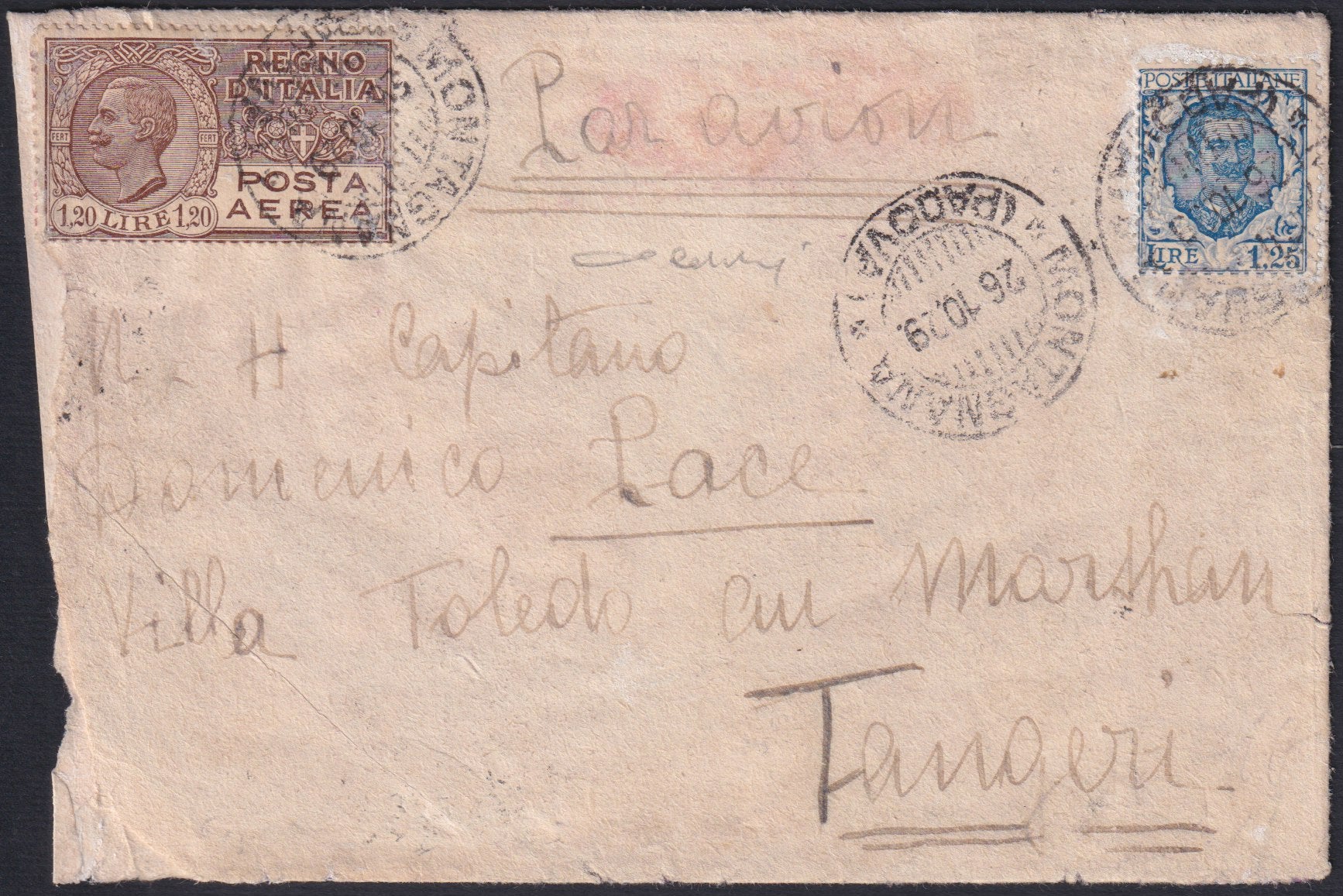 F13-158 - 1929 - Posta Aerea, lettera spedita da Montagnana per Tangeri 26/10/29 affrancata con Floreale L. 1,25 azzurro + Posta Aerea L. 1,20 bruno (202 + A5).
