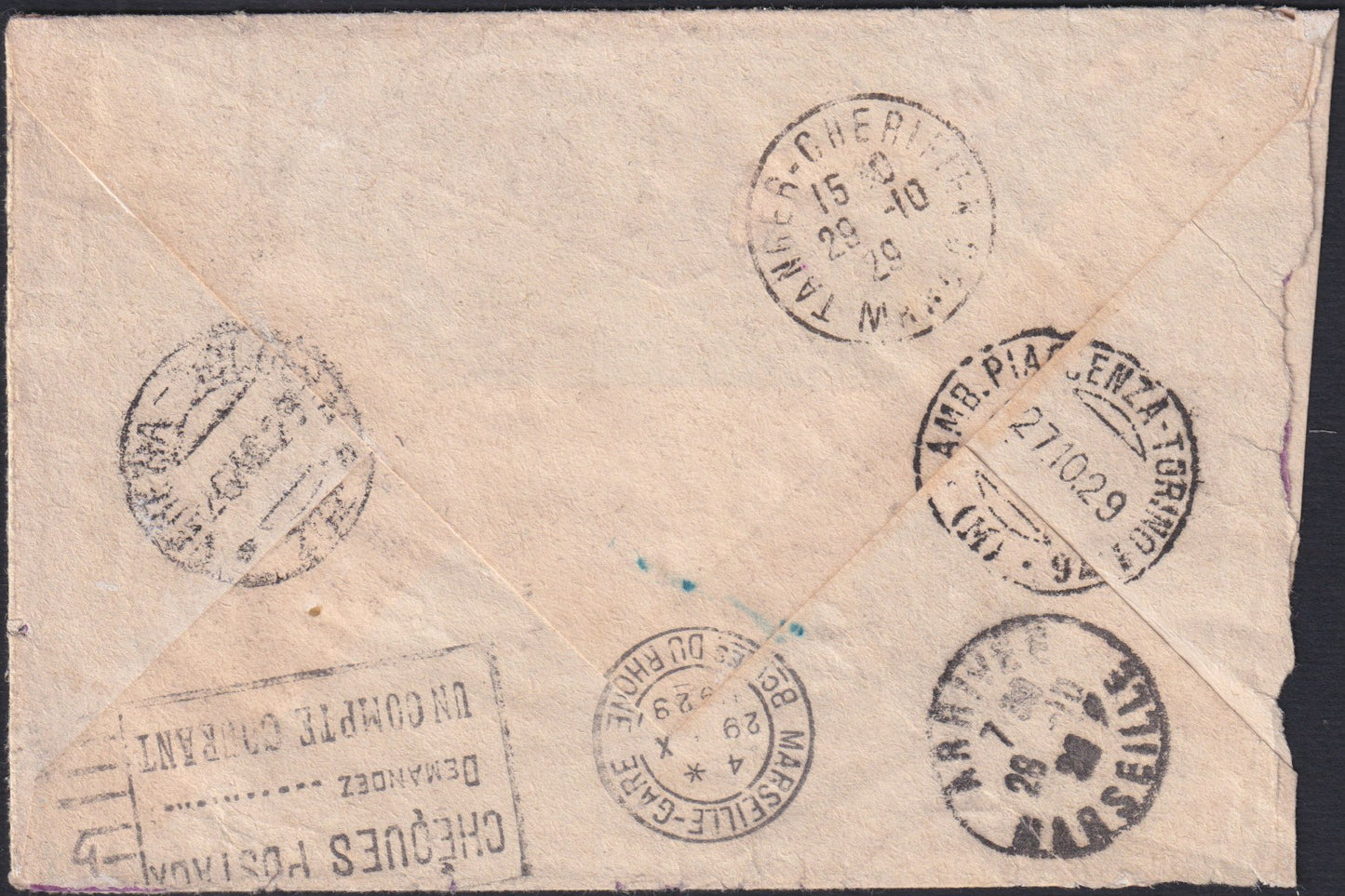 F13-158 - 1929 - Posta Aerea, lettera spedita da Montagnana per Tangeri 26/10/29 affrancata con Floreale L. 1,25 azzurro + Posta Aerea L. 1,20 bruno (202 + A5).