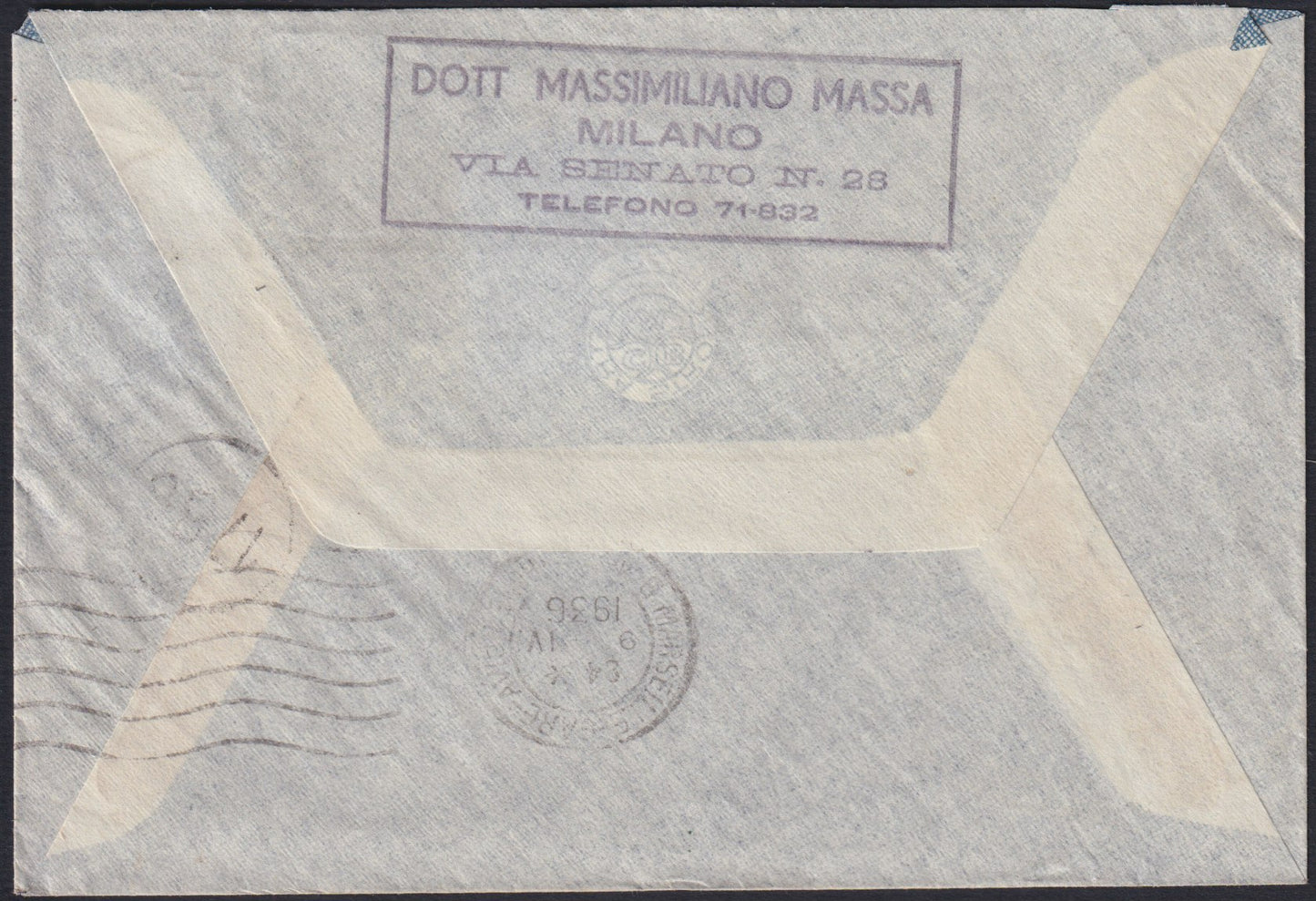 F13-159 - 1924 - Posta Aerea, lettera spedita da Milano per Buenos Ayres 8/4/36 con Fiera di Milano L. 1,25 azzurro + Posta Aerea L. 5 verde + L. 10 carminio. (397 + A16 + A17).