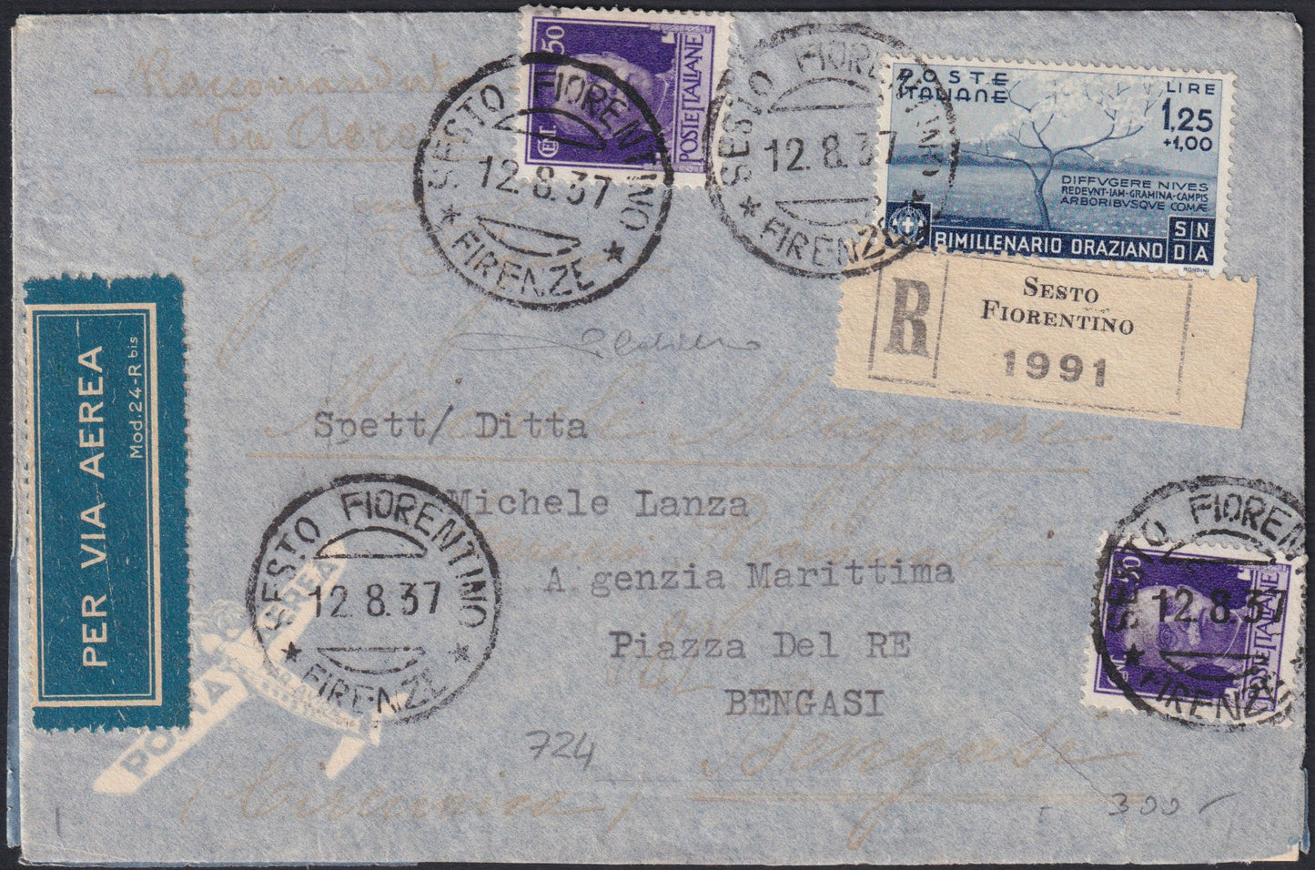 F13-160 - 1937 - Posta Aerea, lettera spedita da Sesto Fiorentino per Bengasi 12/8/37 affrancata con Imperiale c. 50 violetto due esemplari + Orazio L. 1,25 + L. 1,00 (251 + 403).