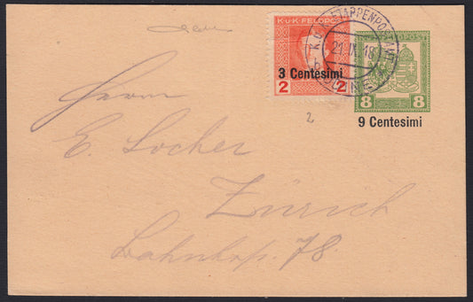 OA111 - 1918 - Intero postale da 8 kr. Integrato da 3c. Su 2 kr. Arancio (2).