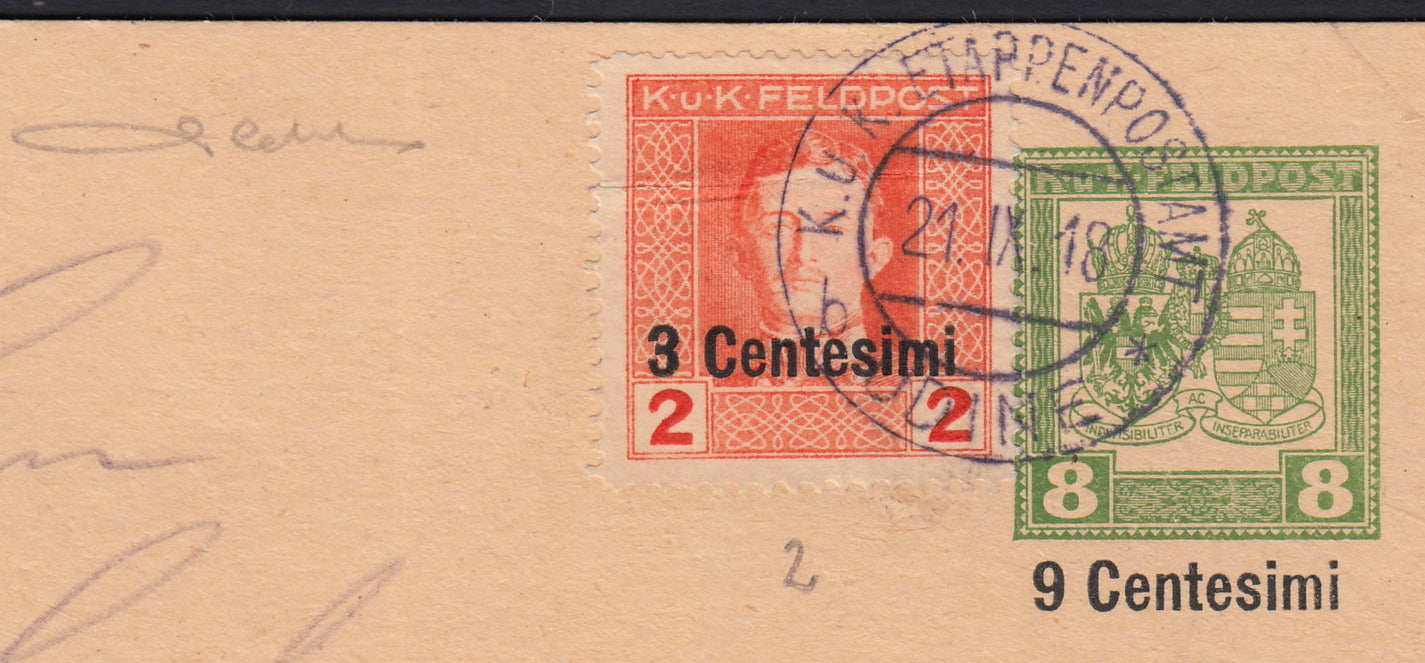 OA111 - 1918 - Intero postale da 8 kr. Integrato da 3c. Su 2 kr. Arancio (2).