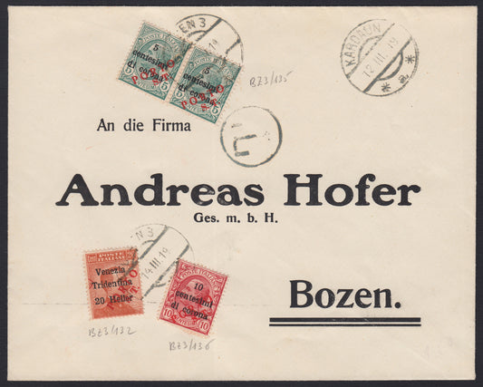 BZ23 - 1919 - Lettera spedita da Kardaun per Bolzano affrancata il 14/3/19 con segnatasse di Bolzano 3 (BZ3/132, 135, 136).