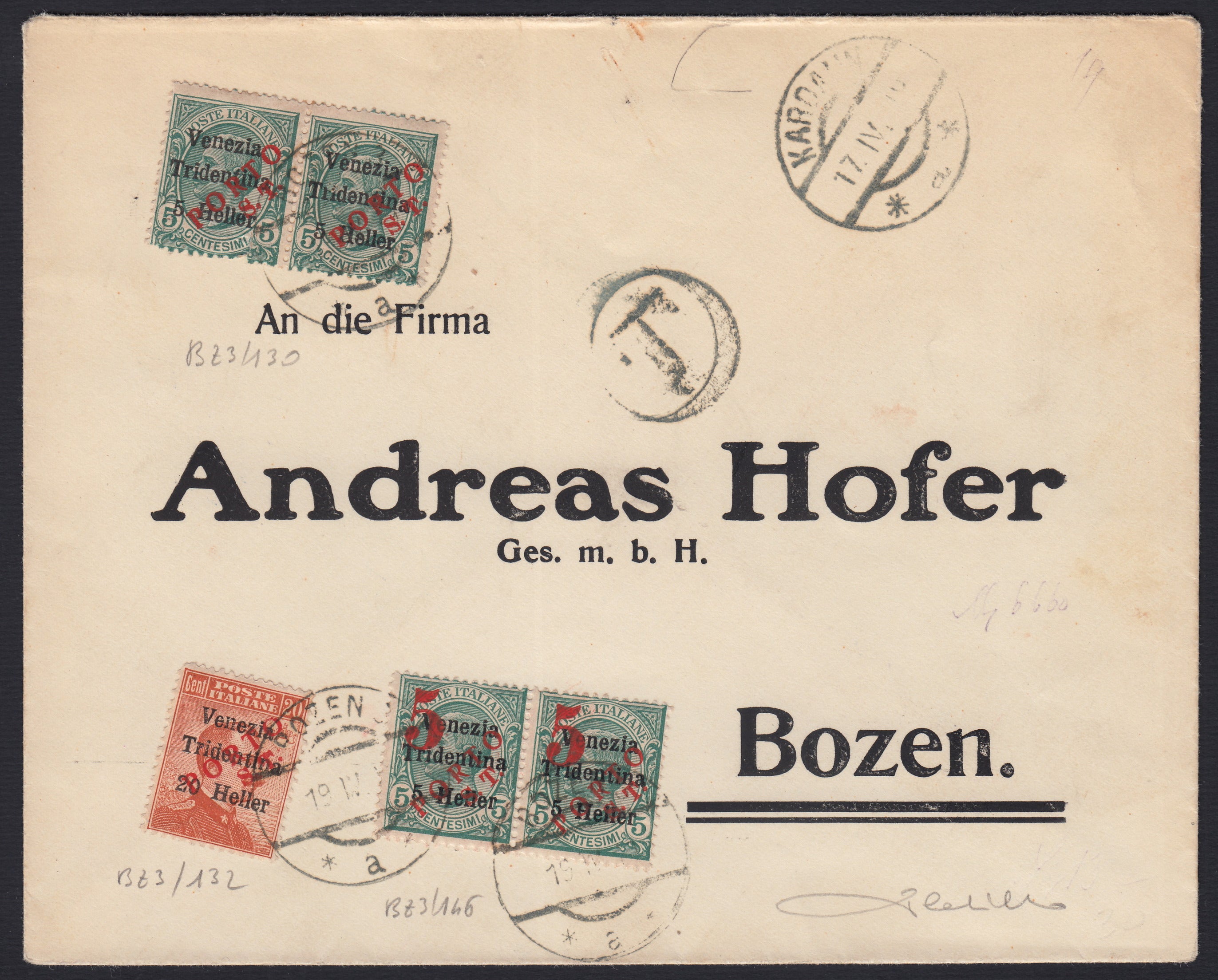 BZ24 - 1919 - Lettera spedita da Kardaun per Bolzano affrancata il 19/4/19 con segnatasse di Bolzano 3 (BZ3/130, 132, 146).