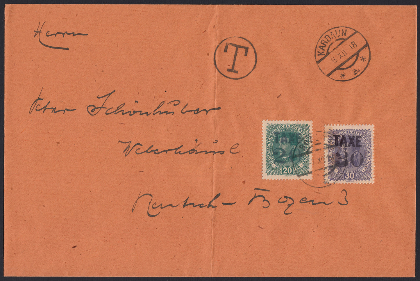 T131 - 1918 - Letter sent by Kardaun to Bolzano franked on 6/12/18 with postage due Bolzano 3 (BZ3/69, 71).