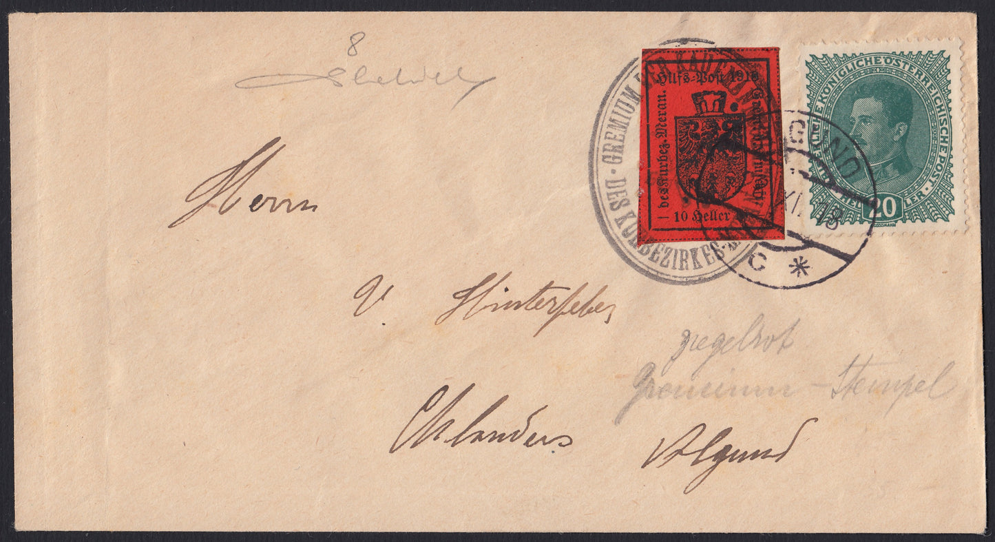 T129 - 1918 - Letter sent from Alglund to the city stamped with 10 brick red heller + Austrian supplement, (8).