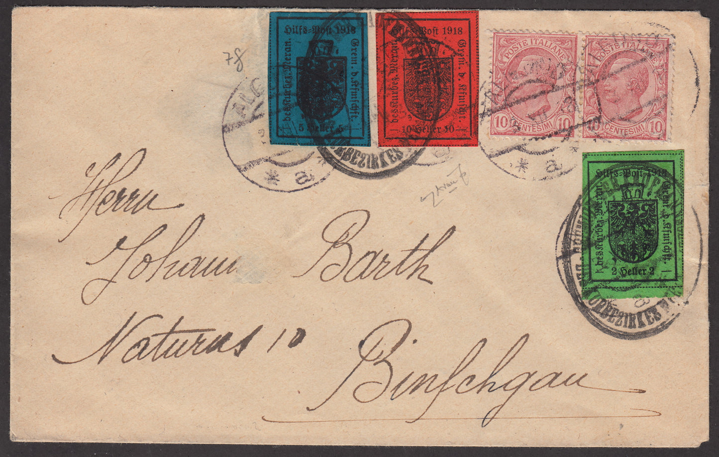 MERSP29 - 1918 - Lettera spedita da Alglung per Naturns 3/12/18 affrancata con 2 heller verde + 5 heller azzurro scuro + 10 heller rosso mattone tutti del II tipo.