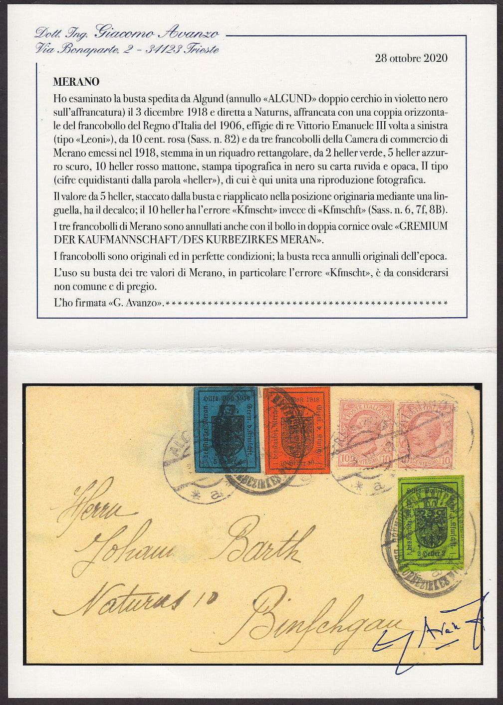 MERSP29 - 1918 - Lettera spedita da Alglung per Naturns 3/12/18 affrancata con 2 heller verde + 5 heller azzurro scuro + 10 heller rosso mattone tutti del II tipo.