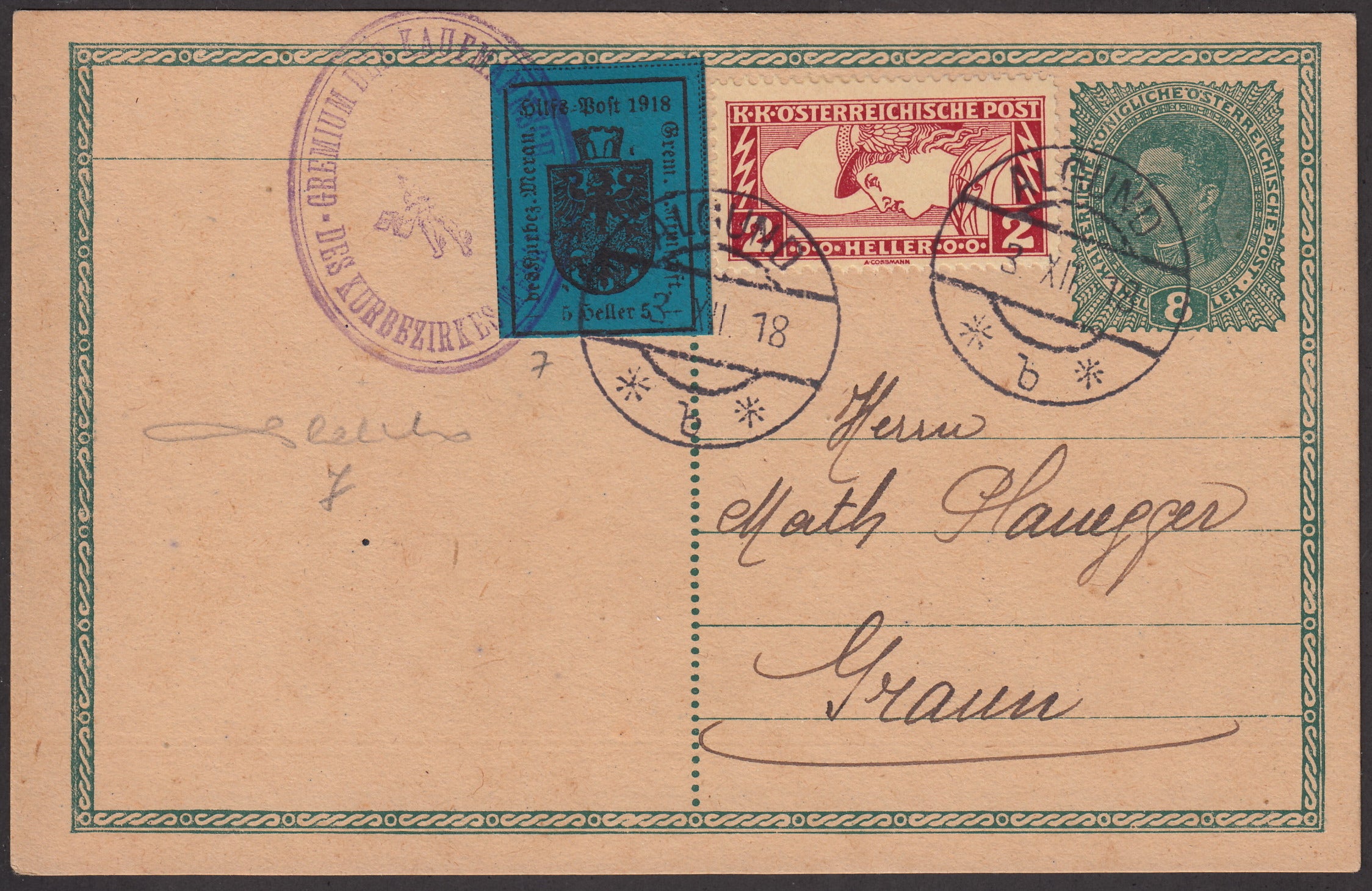 MERSP28 - 1918 - Intero postale da 8 heller integrato da espresso d'Austria e da Merano 5 heller azzurro scuro (7).