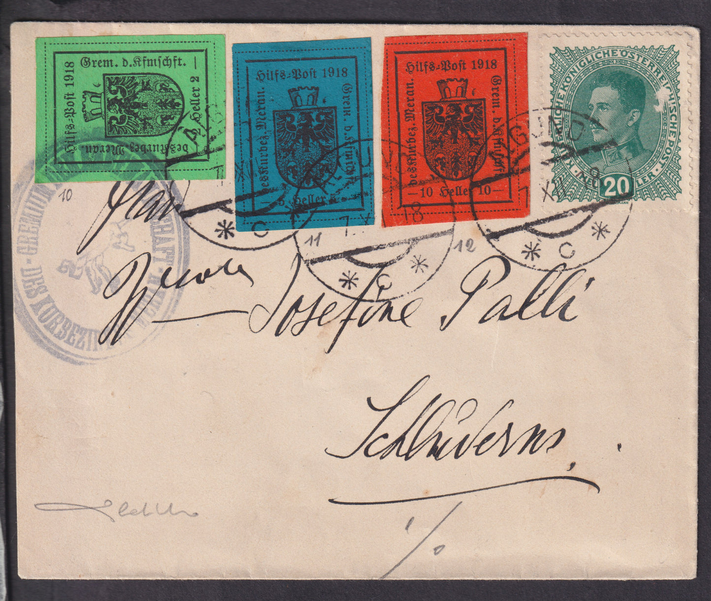 MERSP2 -1918 - Lettera spedita da Algund affrancata con IV tipo serie completa + integrativo d'Austria (10/12).