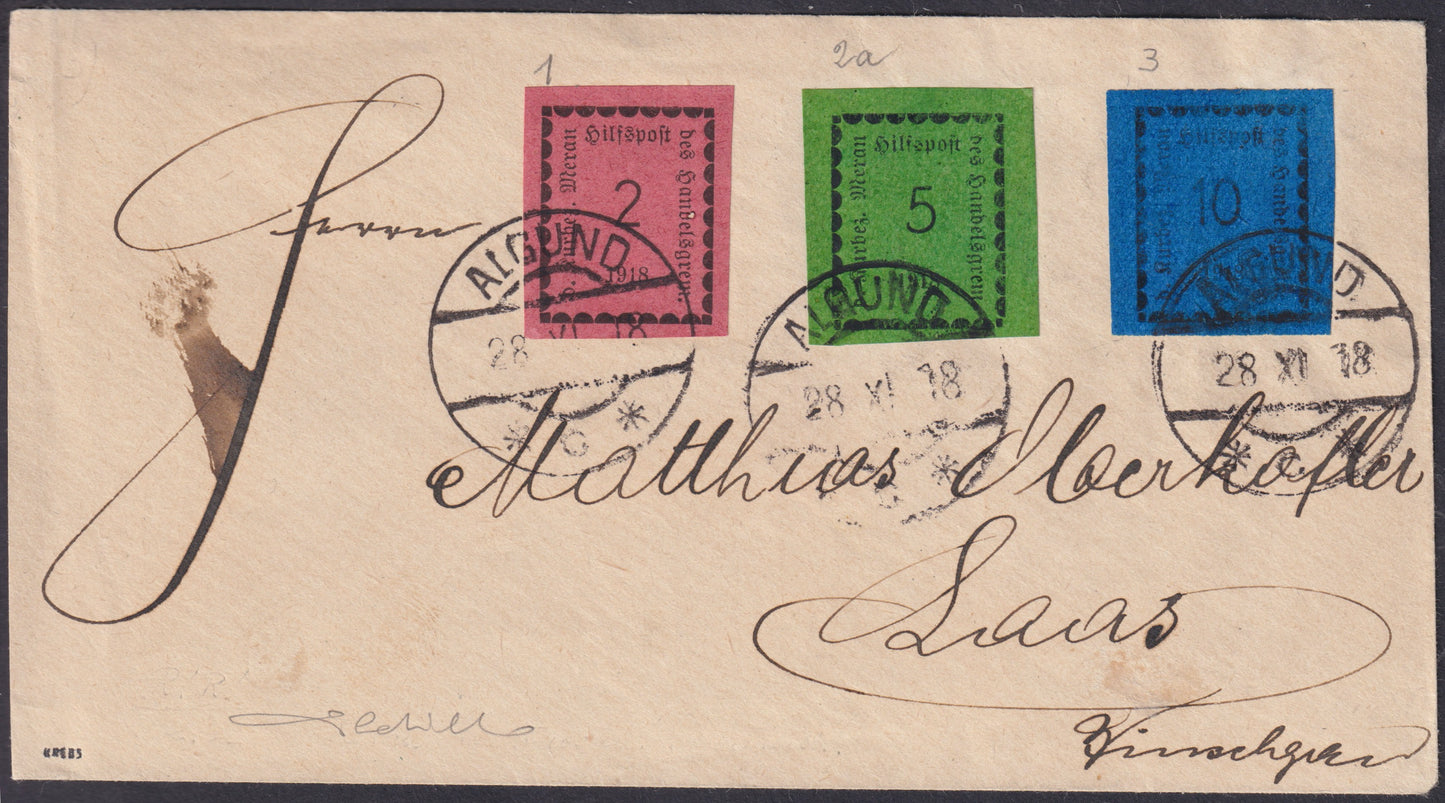 MERSP22 -1918 - Letter sent from Algund to Laas franked with 1st issue complete series not in tariff, (1 + 2nd + 3).