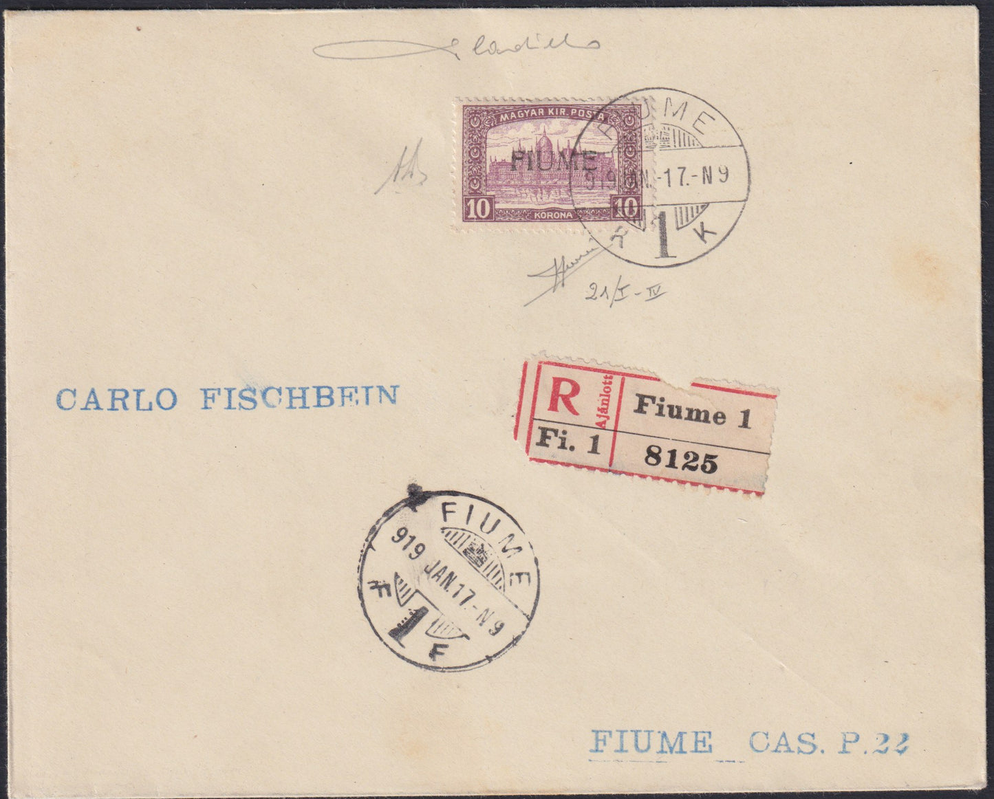F13_188 - 1919 - Carta enviada desde Fiume a la ciudad estampada con 10 coronas lila marrón y lila aislada con sobreimpresión anno del tipo IV. (21/IV).