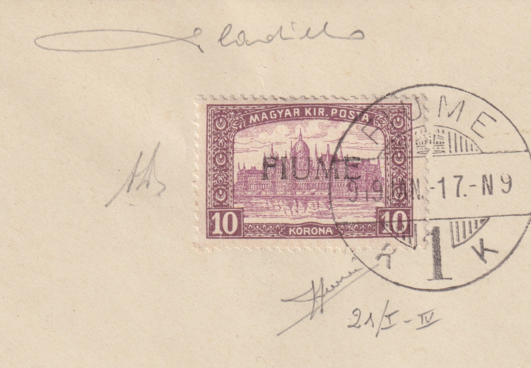 F13_188 - 1919 - Lettera spedita da Fiume per città affrancata con 10 korone bruno lilla e lilla isolato con soprastampa a mano del IV tipo. (21/IV).