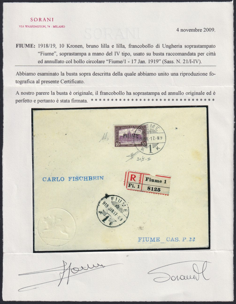 F13_188 - 1919 - Lettera spedita da Fiume per città affrancata con 10 korone bruno lilla e lilla isolato con soprastampa a mano del IV tipo. (21/IV).