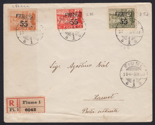 266 - 1920 - Letter sent from Fiume to Zamat 4/1/1920 franked with 55 on 1 cor. + 55 on 3 cor. + 55 on 10 cor. Posta Fiume, the first has an oblique overprint (C83aaa + C85 + D87).