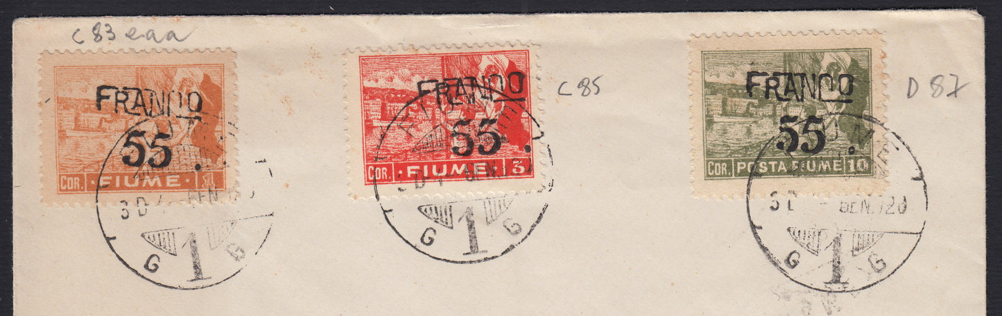 266 - 1920 - Lettera spedita da Fiume per Zamat 4/1/1920 affrancata con 55 su 1 cor. + 55 su 3 cor. + 55 su 10 cor. Posta Fiume, il primo presenta soprastampa obliqua (C83aaa + C85 + D87).