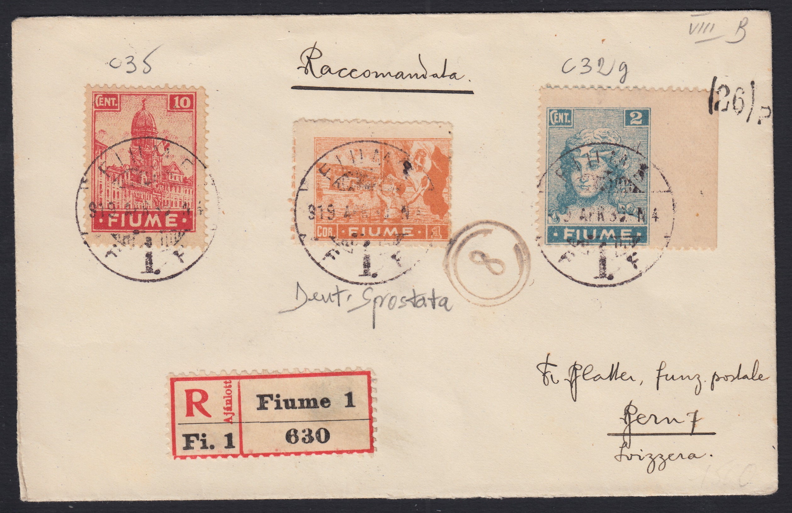 312 - 1920 - Lettera affrancata con c. 10 carinio su carta A + 1 corona arancio con dentellatura spostata + c. 2 cobalto non dentellato a destra (C32g + C35 + C44ke).