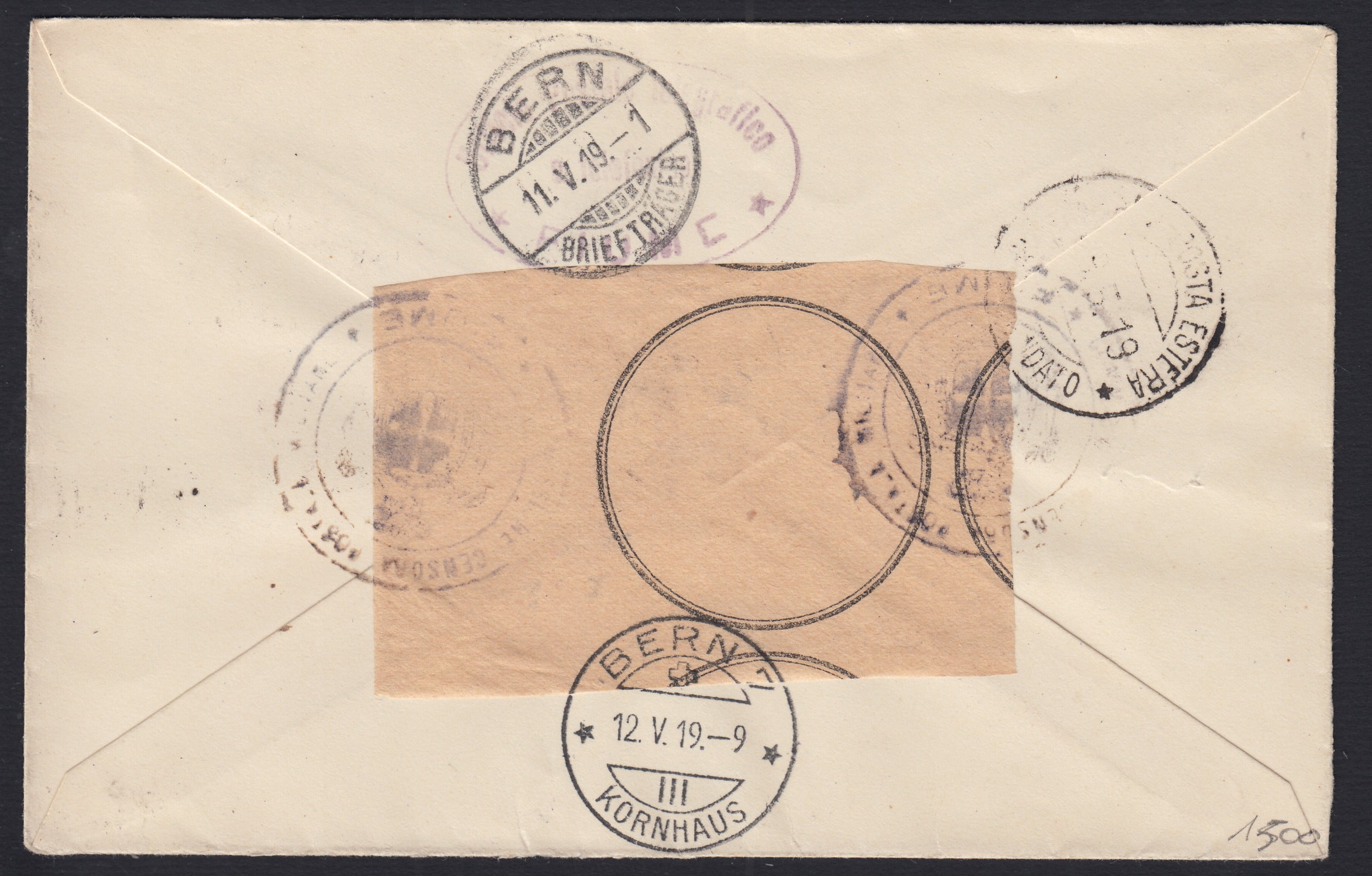 312 - 1920 - Lettera affrancata con c. 10 carinio su carta A + 1 corona arancio con dentellatura spostata + c. 2 cobalto non dentellato a destra (C32g + C35 + C44ke).