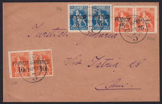 264 - 1921 - Letera affrancata con c. 10 su 45 arancio + 5c. Su 25 azzurro Posta Fiume + c. 15 su 45 . Arancio Posta Fiume tutti in coppia,(C77+D76+D79xc).