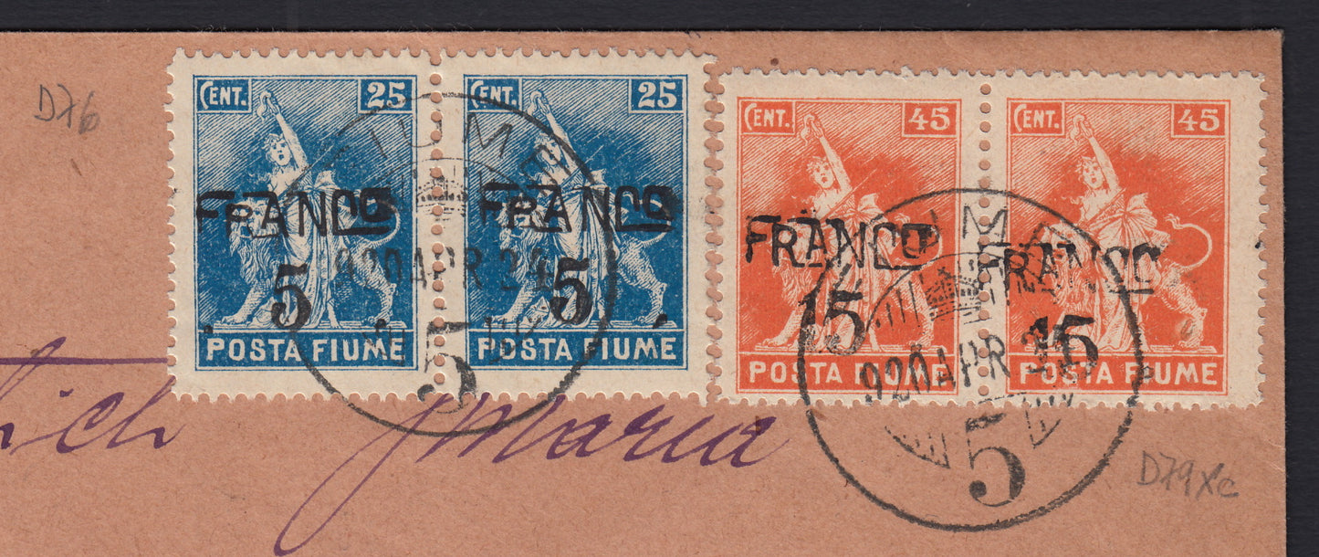 264 - 1921 - Letter stamped with c. 10 of 45 orange + 5c. On 25 light blue Posta Fiume + c. 15 out of 45. Orange Posta Fiume all in pairs, (C77+D76+D79xc).