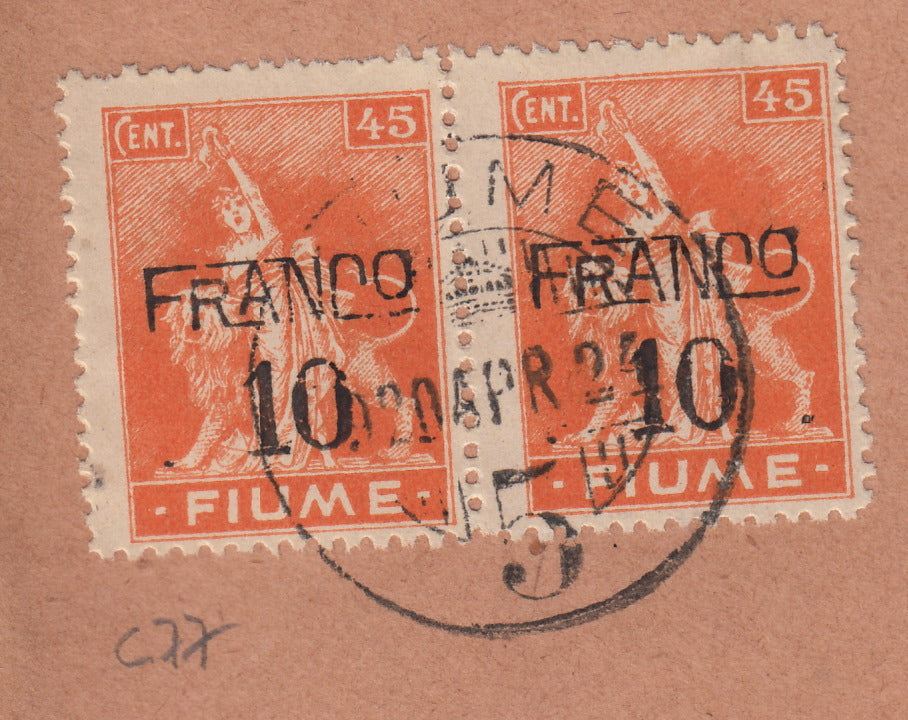 264 - 1921 - Letter stamped with c. 10 of 45 orange + 5c. On 25 light blue Posta Fiume + c. 15 out of 45. Orange Posta Fiume all in pairs, (C77+D76+D79xc).