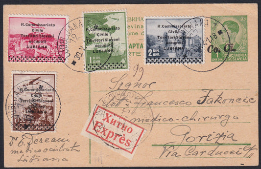 F13_193 - 1941 - Intero postale spedito come espresso aereo da Lubiana per Gorizia e affracto con Posta Aerea quattro valori (1/4).
