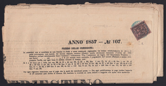 F13_20 - 1857 - Giornale Osservatore Triestino del 12/5/57 giunto a Modena e affrancato con B.G.Cen 9 violetto lillaceo (2a)