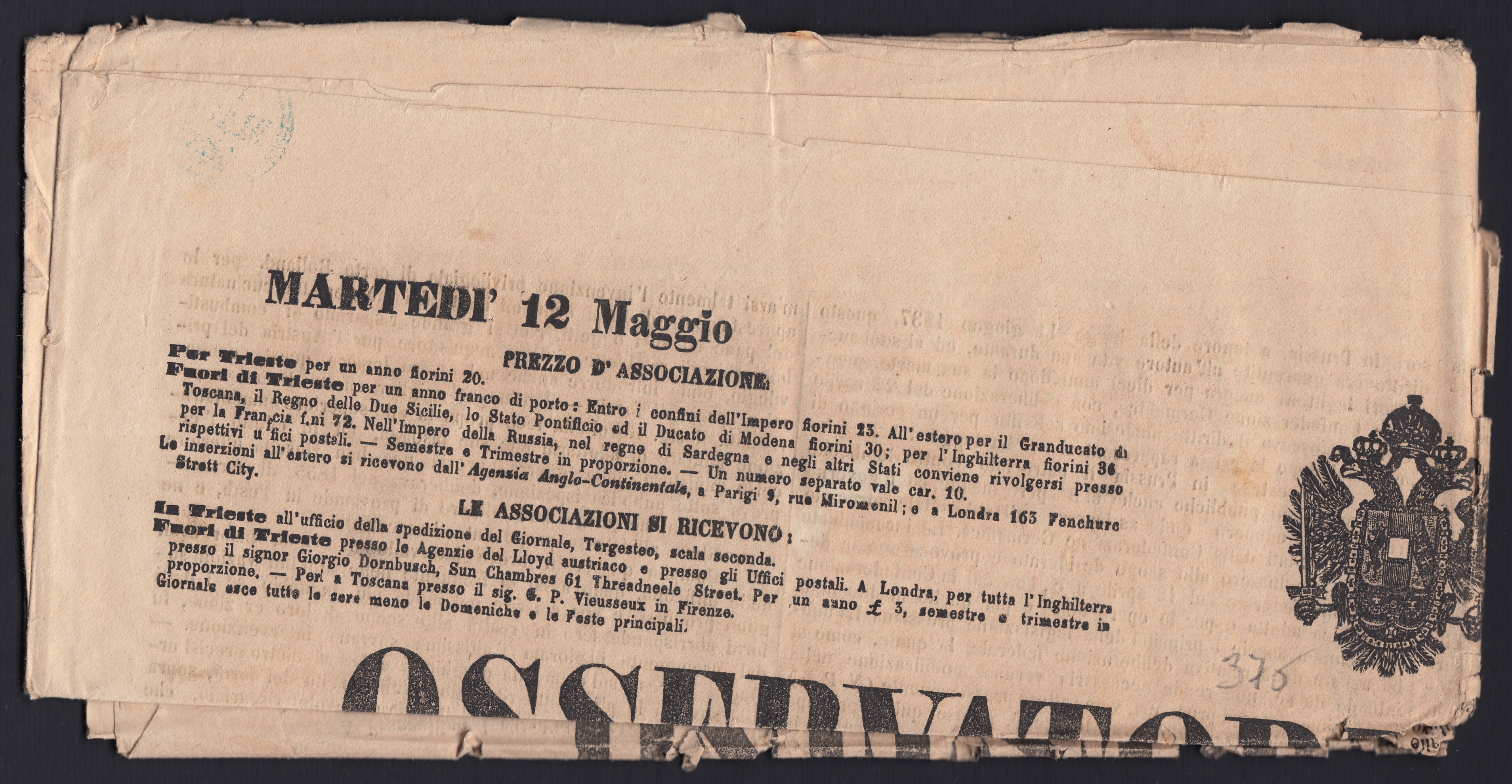 F13_20 - 1857 - Giornale Osservatore Triestino del 12/5/57 giunto a Modena e affrancato con B.G.Cen 9 violetto lillaceo (2a)
