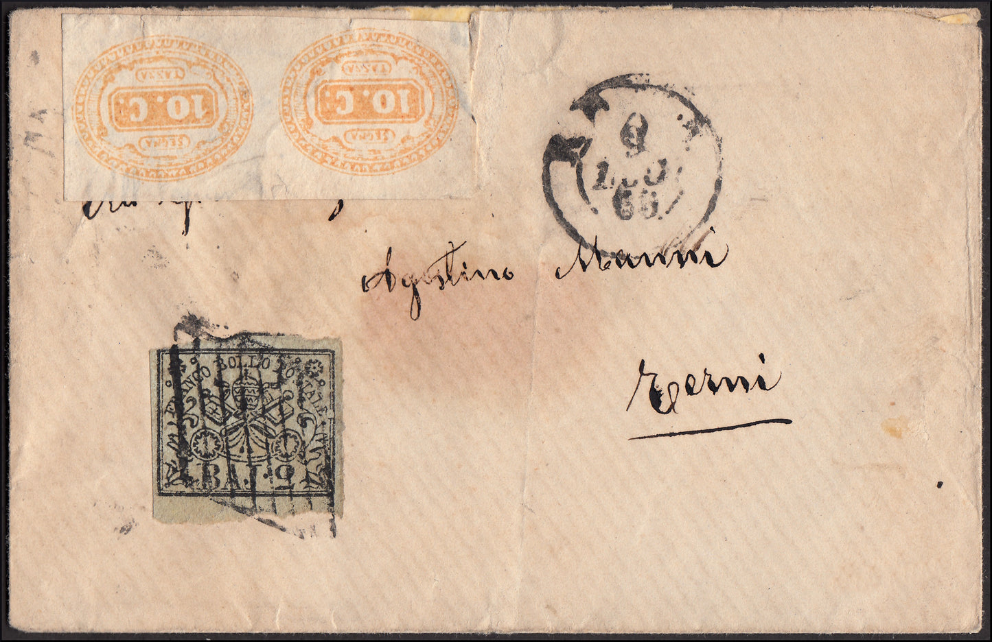 F13_45 - 1865 - Lettera spedta da Roma per Terni 9/7/65 affrancata con 2 baj e tassata in arrivo per 20 centesim con segnatasse n. 1 (3Aa).